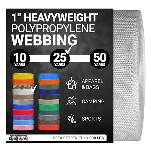 Strapworks Heavyweight Polypropylene Webbing - Heavy Duty Poly Strapping for Outdoor DIY Gear Repair - color: White, size: 1" x 25 yard