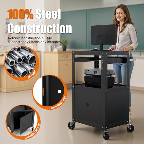 Steel Large AV Cart with Extra Storage - Adjustable Height Cart with Locking Cabinet, Pullout Tray, Power Strip, and Cord Management - Holds 300 lbs and Easy to Assemble (24'' x 18'' x 42'') - style: AV Cart with Storage(M-AV-G)