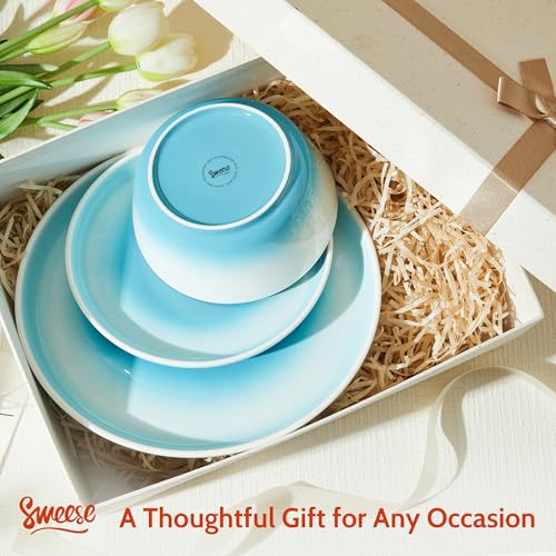 Sweese Porcelain Dinnerware Sets, Handpainted Plates and Bowls Set for 6, Scratch Resistant Dinner Set, Dishwasher and Oven Microwave Safe Dishes Set, Blue - color: Blue