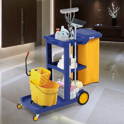 TUFFIOM Commercial Traditional Cleaning 3-Shelf Janitorial Cart, 500 Lbs Capacity Housekeeping Cart, Wheeled with Yellow VinylBag and Cover w Lid, Blue, - color: Blue