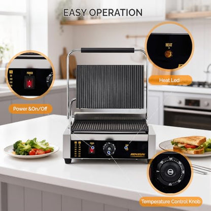 Bonnlo 811E Commercial Sandwich Make, 2200W Stainless Steel Countertop Panini Press Grill with Adjustable Temp 122°F–572°F, For Steak, Burgers, Home & Restaurant Use, 110V, Silver - size: 12.2"D x 16.7"W x 8"H