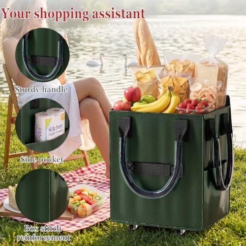 Reusable Grocery Bag on Wheel, Foldable Shopping Cart with Wheels, Can Carry up to 67 Pounds, Suitable for Groceries, Laundry, Camping and Moving. (Green -Small) - color: Green -Small