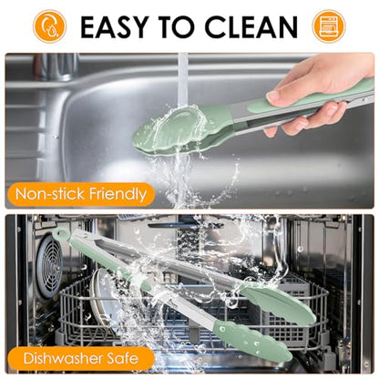 HOTEC Stainless Steel Kitchen Tongs with Silicone Tips, Set of 2-9" and 12" - color: Light Green:12+9inch