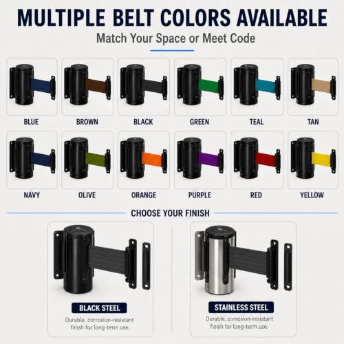 Crowd Control Warehouse 11 Ft Fixed Wall-Mount Retractable Belt Barrier - color: Dark Grey, size: Solid Color