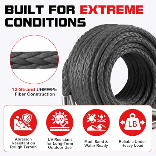 Synthetic Winch Rope Extension - 1/4'' X 50ft 10,000 LBS Heavy Duty Extension Winch Line Cable Replacement for ATV UTV Off Road Vehicle Jeep Truck - Grey - color: Grey, size: 1/4 Inch x 50 Feet