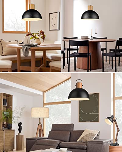 ELYONA 12" Hammered Metal Pendant Light, Rubber Wood Dome Hanging Lamp, Modern Pendant Light Fixtures for Kitchen Island, Bar, Farmhouse Dining Room, Bedroom, Hallway - Black - color: Black - 1 Pack
