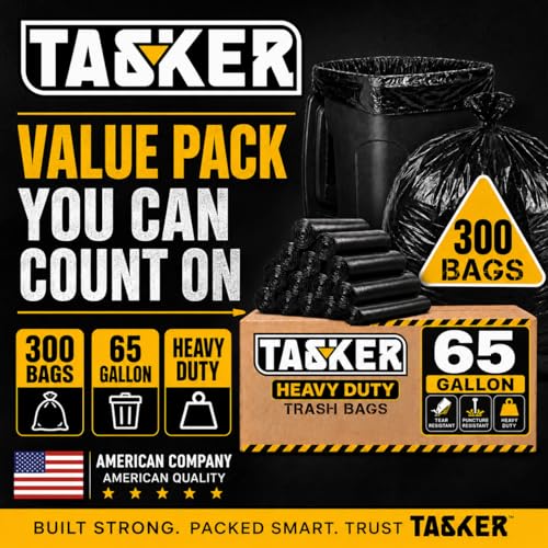 TASKER 300 Bags, 64-65 Gallon Trash Bags Heavy Duty, Large Black Garbage Bags, Wide Mouth Trash Can Liners for 60, 64, 65 and 70 Gallon Cans to Fit Toter Cart Liners for Outdoor Lawn Yard Cleanup - size: 300 Count (Pack of 1)