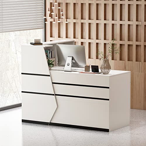 AIEGLE Reception Desk with Hutch, Reception Counter Desk with Lockable Drawers & Shelves, for Salon Recetion Room Retail Counter Checkout Office, White (55.1" W x 43.3" D x 43.3" H) - color: White