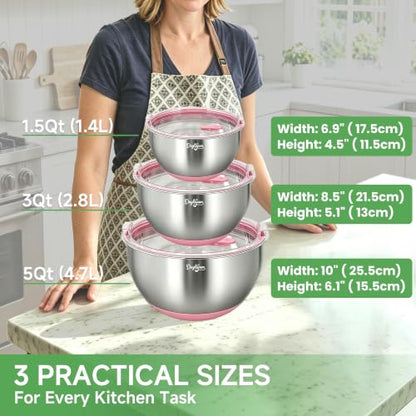 Stainless Steel Mixing Bowls with Clear Airtight Lids, Set of 3 - color: Pink