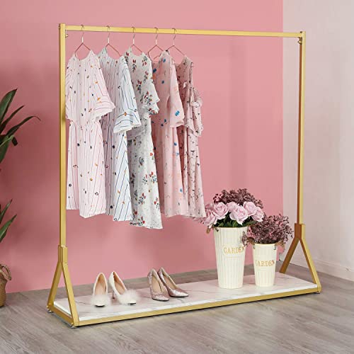 HOMEKAYT Gold Clothing Rack with Wooden Shelf for Boutique Retail Heavy Duty Hanging Rack- 59’’L - color: C-Gold