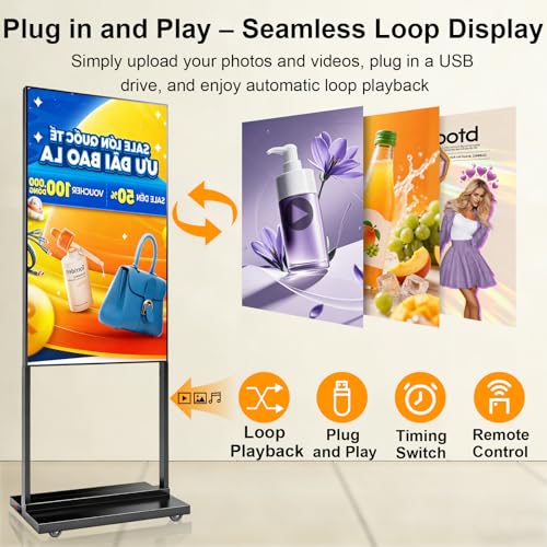 32 Inch Floor Standing Digital Signage, 700nits High Brightness Slim Frameless Advertising Display, Digital Signage with CMS/U-Disk Plug&Play, Split Screen, 7/24 Timer switch,HDMI/USB/WiFi/Android OS