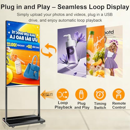 32 Inch Floor Standing Digital Signage, 700nits High Brightness Slim Frameless Advertising Display, Digital Signage with CMS/U-Disk Plug&Play, Split Screen, 7/24 Timer switch,HDMI/USB/WiFi/Android OS