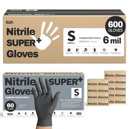 SUPER+ Black Nitrile Gloves HEAVY DUTY 6 Mil Disposable Chemical Resistant Powder & Latex Free Medical Food Safe, 60/600 Ct - color: Small (Black 600)