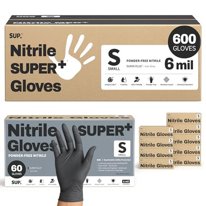 SUPER+ Black Nitrile Gloves HEAVY DUTY 6 Mil Disposable Chemical Resistant Powder & Latex Free Medical Food Safe, 60/600 Ct - color: Small (Black 600)