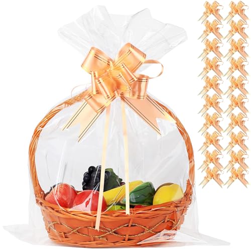 UltraOutlet 50 Packs Large Cellophane Bags 18" x 24" Clear Cellophane Gift Basket Wraps 2.3 Mil Thick Clear Cello Bags for Fruit Basket, Gift Wrap, Treats, Arts and Crafts, 50ct Ribbon Bows - color: Clear/golden, size: 1 Count (Pack of 50)