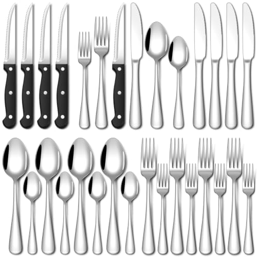 EUIRIO 24 Piece Silverware Set with Steak Knives Food Grade Stainless Steel Flatware Set for 4 Cutlery Utensil Set Mirror Polished Dishwasher Safe for Home Restaurant - color: Silver