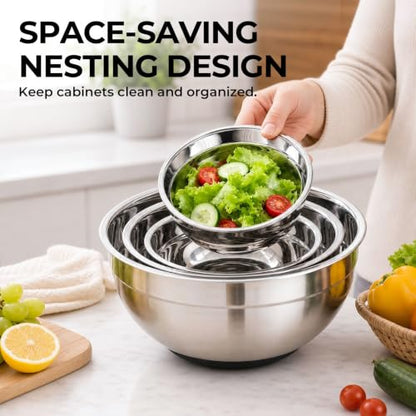 Parmedu Stainless Steel Nesting Mixing Bowls with Airtight Lids Set of 5