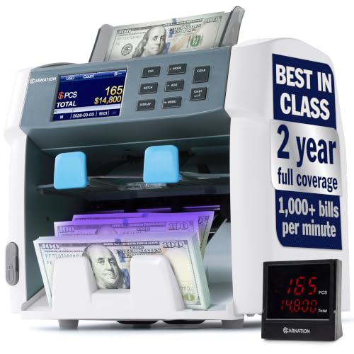 CARNATION Money Counter Machine – Cash Counting & Mixed Denomination Bill Counter, Portable Currency Detector, Counterfeit Bank Scanner, Dollar Sorter for Commercial, up to 1200 N/M, UV/MG/MT/IR/CIS - size: CR1450
