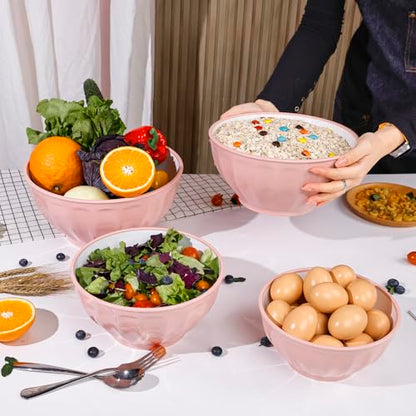 BoxedHome Mixing Bowls with Lids Set, 8 pieces Large 0.2” Thick Plastic Nesting Mixing Bowl, Microwave Safe,Size 5.92, 4.12,3.06,1.80 Quart, Pink - color: 8 PK Pink
