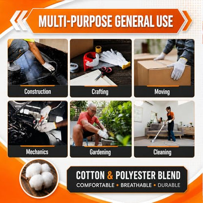 Winterlace 48 Pairs Cotton Grip Work Gloves Bulk Safety Protection Non-Slip PVC Rubber Dots Garage Construction Warehouse - color: 48 Pairs - Orange Dots