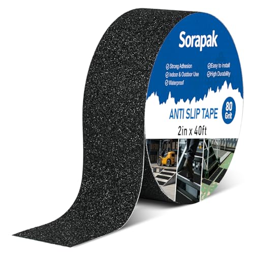 Black Anti Slip Tape 2in x 40ft, 80 Grit Waterproof Non Skid Grip Tape Roll for Stairs, Steps, Ramps, Decks, Floors, Ladders, Indoor & Outdoor Use - size: 2'' x 40 FT