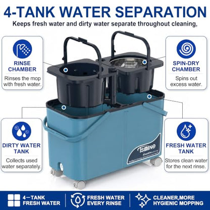RinseWise Large Gen 1 Mop Bucket Set, Clean/Dirty Water Separation, Blue - size: Large Gen 1- Blue/Grey+6 Mop Heads