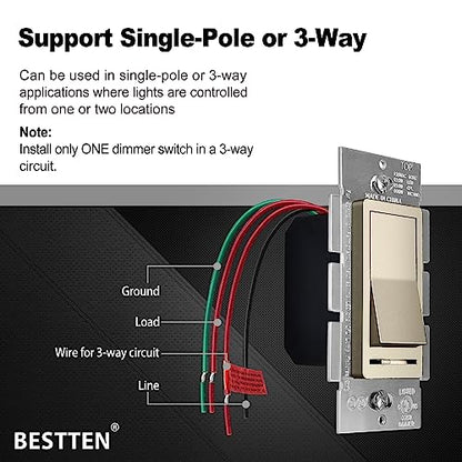 BESTTEN 5PK Matte Champagne Gold Dimmer Light Switch, Single Pole or 3-Way - color: Champagne Gold