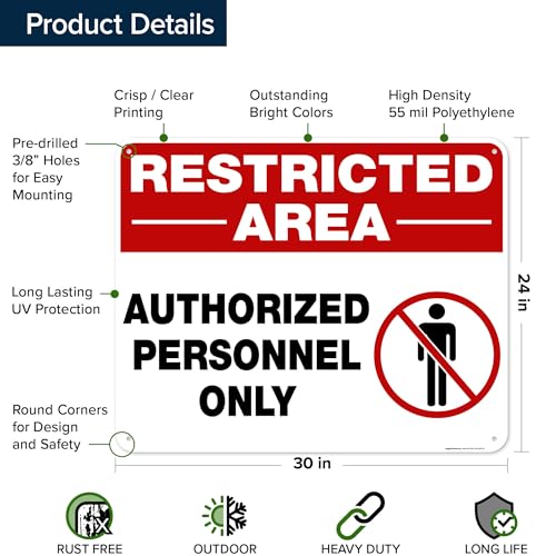 Restricted Area Authorized Personnel Only Sign, 24x30 Inches, 55 mil thick - size: 24x30 Polyethylene