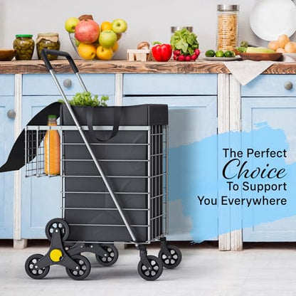 Our Modern Space Stairs Climbing Shopping Cart w/Waterproof Basket Liner & 360° Swivel Wheels | Foldable Collapsible & Lightweight | Perfect for Groceries Laundry Utility Cart - Silver - color: Silver