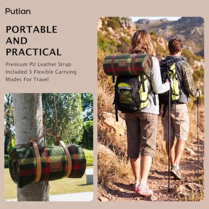 PuTian 100% Wool Blanket - Camping Outdoor Blanket, Plaid Army Green - color: Plaid Pattern Army Green, size: 63" × 87"