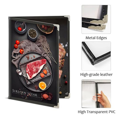 2 Pack Menu Covers 8.5 x 11 Inch, Black Faux Leather Menu Holder, 2 Page 4 View Clear Transparent Restaurant Menu Sleeves for Cafe, Bar, Wedding & Restaurant