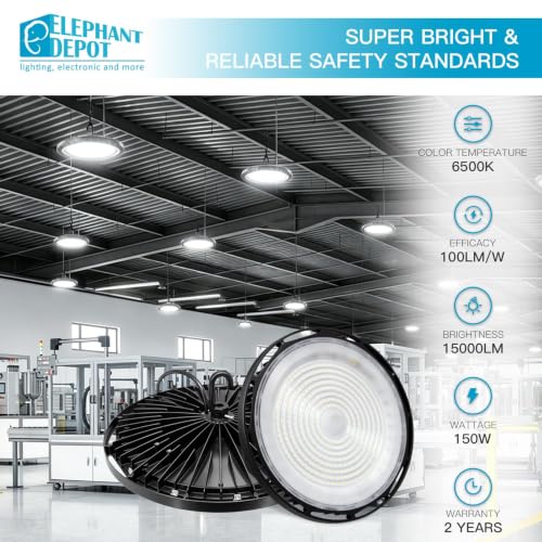 UFO Led High Bay Light, 150W, 15000lm, IP65 Waterproof, 6500K High Bay Led Shop Lights for Gym Factory Warehouse Garage, Plug & Play, AC120V, UL (Black, 150W-1PK)