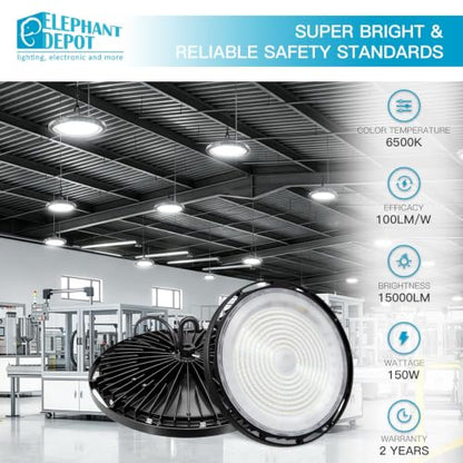 UFO Led High Bay Light, 150W, 15000lm, IP65 Waterproof, 6500K High Bay Led Shop Lights for Gym Factory Warehouse Garage, Plug & Play, AC120V, UL (Black, 150W-1PK)