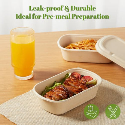 [100% Eco-Friendly] Disposable Food Containers with Lids – Sugarcane Pulp Take Out Boxes, Biodegradable, Compostable, Microwave Safe Lunch Containers – Pack of 50 (24 OZ) - size: 24 OZ