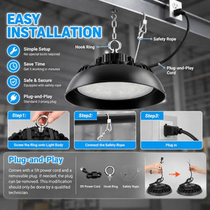 Fiqevs High Bay LED Shop Light 6 Pack, 300W, 45,000LM, 5000K, AC100-277V