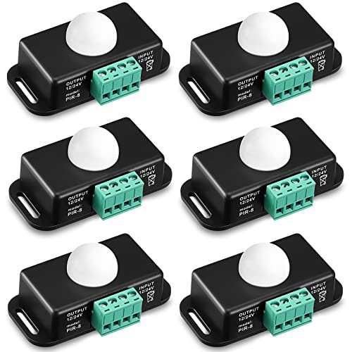 6 Pack 12V 24V PIR Sensor LED Motion Sensor Motion Detector Light Switch Body Infrared Sensing Timer Function Sign Control PIR Controllerfor Flexible LED Strip Lights(Black) - color: Black
