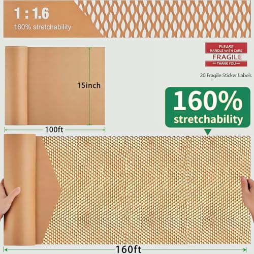 Honeycomb Packing Paper - Biodegradable Bubble Wrap Alternative 15"x100 FT, 80gsm with 20 Fragile Sticker Labels | Eco-Friendly Cushioning for Shipping, Moving & Small Business Packaging,Fragile Items - size: 15 Inch x 100 Feet
