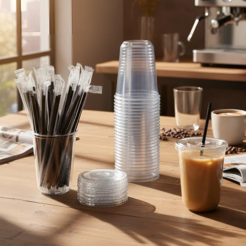 Ziliny 50 Pack 16 oz Plastic Cups with Lids Straws Iced Coffee, Black - color: Black, size: 16 oz