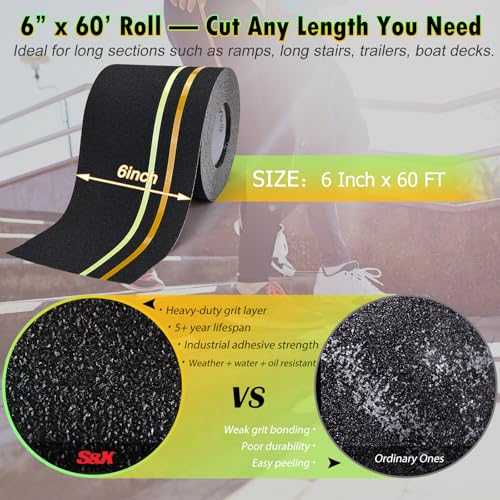 S&X Anti Slip Tape 6in x 60ft Grip Tape for Stairs, Reflective/Glow - color: Reflective/Glow-in-the-Dark, size: 6" X 60'