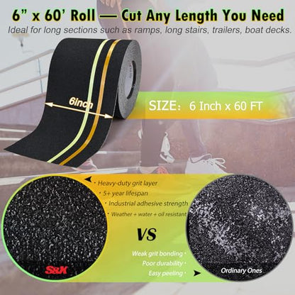 S&X Anti Slip Tape 6in x 60ft Grip Tape for Stairs, Reflective/Glow - color: Reflective/Glow-in-the-Dark, size: 6" X 60'