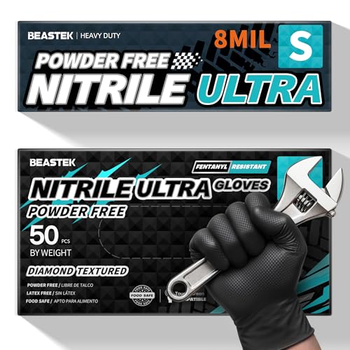 BEASTEK Nitrile Disposable Gloves, 8Mil Latex & Powder Free Chemical Resistant Heavy Duty Food Safe Diamond Glove Black 50Pcs - color: Small (Black)