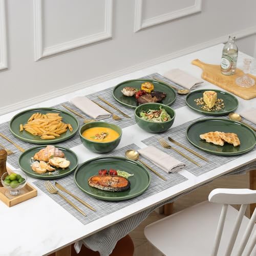 Vicrays Ceramic 12 Pieces Dinnerware Set - Dinner Plates Salad Plates Cereal Bowls Set Service for 4 - Scratch Resistant Microwave Oven Dishwasher Safe - Green - color: Green