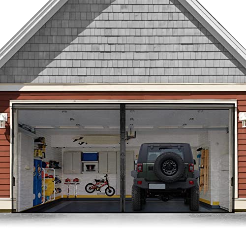 Garage Door Screen For 2 Car 18x7FT, Magnetic Screen Garage with Retractable Fiberglass Mesh and Heavy Duty Weighted Bottom, Easy Assembly & Pass, Hands Free Screen Door w/ 40 Magnets for Garage/Patio - color: Black, size: 18.3X7.15ft