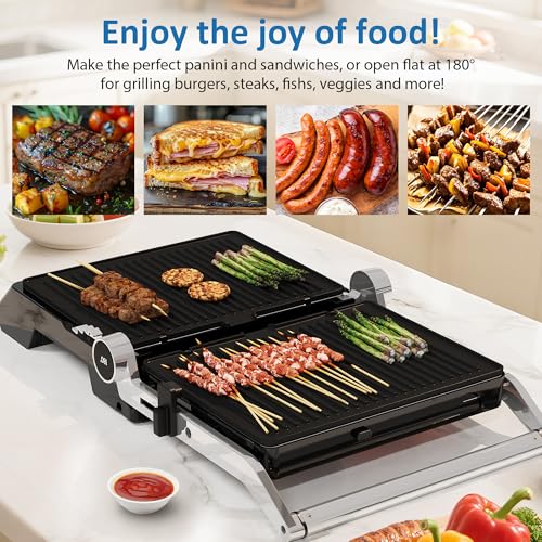 3-in-1 Indoor Grill & Griddle: 180° Flat Opening, Preset Menu, 1600W Electric Panini Press Sandwich Maker with Removable Non-stick Plates, Easy to Clean (Black, 14.25x13.4x5.9″) - size: Extra Large