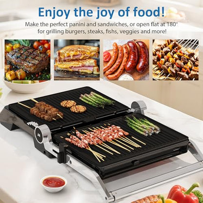 3-in-1 Indoor Grill & Griddle: 180° Flat Opening, Preset Menu, 1600W Electric Panini Press Sandwich Maker with Removable Non-stick Plates, Easy to Clean (Black, 14.25x13.4x5.9″) - size: Extra Large