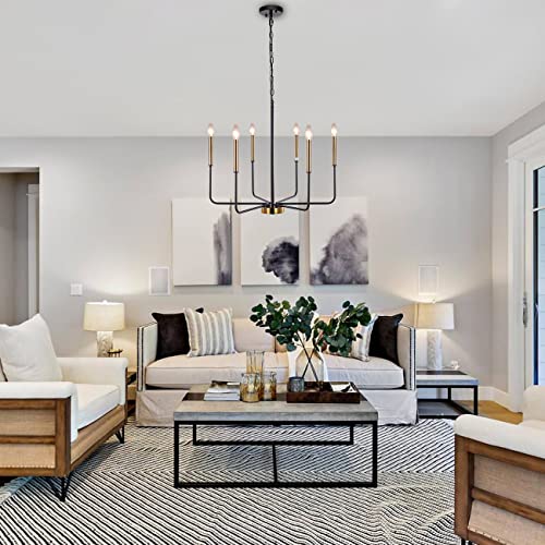 Modern Farmhouse Chandelier for Dining Room, 6 Lights Chandelier Light Fixture Adjustable Height, Black and Gold Hanging Candle Pendant Lighting for Kitchen Island Living Room Bedroom Foyer - color: 6 Light-Black Gold