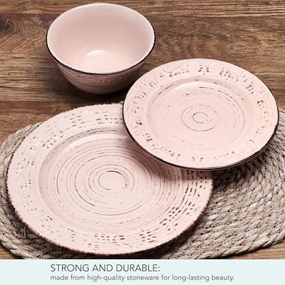 Pfaltzgraff Pink Trellis 12-Piece Dinnerware Set, Stoneware Plates and Bowls Sets for 4, Dishwasher and Microwave Safe, Rustic Garden-Inspired Design - color: Pink