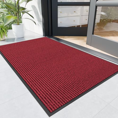 Front Door Mat, 6' x 2' Heavy Duty Indoor Outdoor Door Mat Entrance, Commercial Welcome Mats, Stain and Fade Resistant, Durable Rubber Backing, Low Profile Entry Mat for Patio, Red Stripe - color: Red-stripe, size: 2' x 6' (Rectangular)