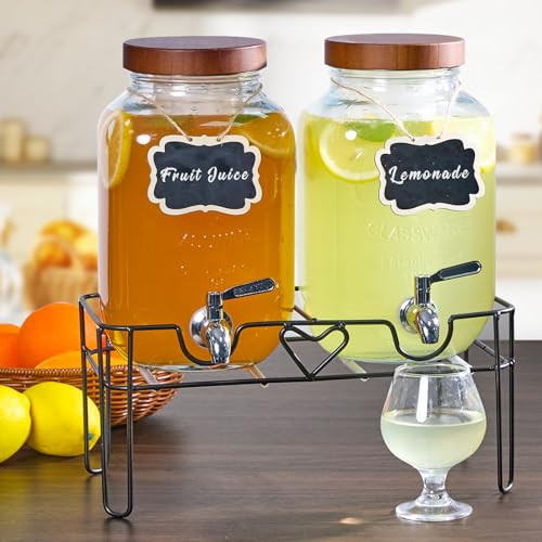 2pack 1Gallon Glass Drink Dispensers for Parties, Beverage Dispenser with Stand and Fruit Infuser, Lemonade Dispenser with Stainless Steel Spigot for Kombucha, Sun Tea, Juices, BBQ, Weddings (Brown) - color: Brown