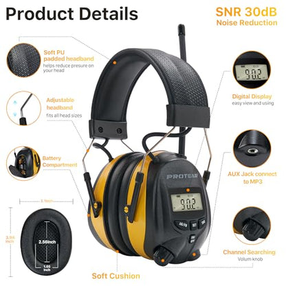 AM/FM Radio Headphones 25dB NRR,Noise Reduction Safety Earmuffs,Digital Display Headset,Powered by AA Battery,Hearing Protection for Walkman Mowing Lawn Work,Yellow - color: Yellow